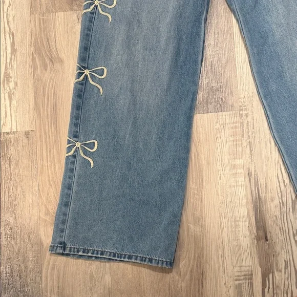 Flying Angel Women's Wide Leg Denim with embroidered Bow Accents - Picture 2 of 11